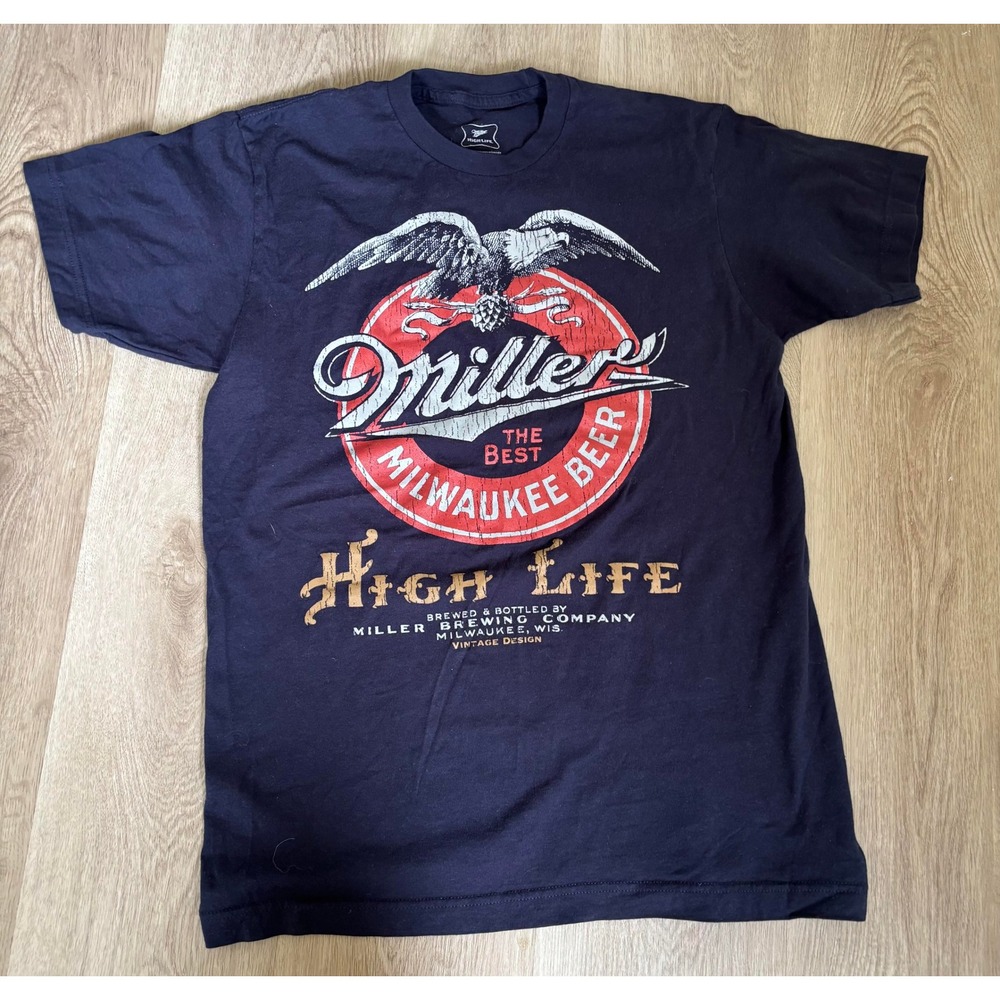 Miller High Life Beer Graphic T-Shirt Mens Medium Navy Blue Vintage Design Eagle